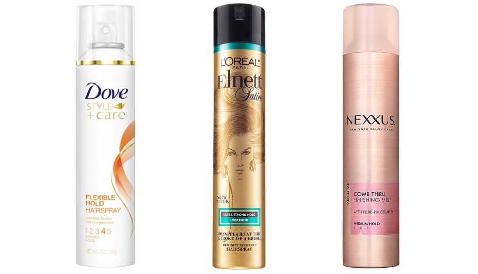 (De izq. a der.) Dove Hairspray Flexible Hold; L'Oreal Paris Elnett Satin Hairspray Unscented; Nexxus Comb Thru Finishing Mist Hair Spray for Volume