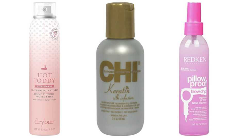 (De izq. a der.) Drybar Hot Toddy Heat Protectant Mist; CHI Keratin Silk Infusion Reconstructing Complex; Redken Pillow Proof Blow Dry Express Primer Spray