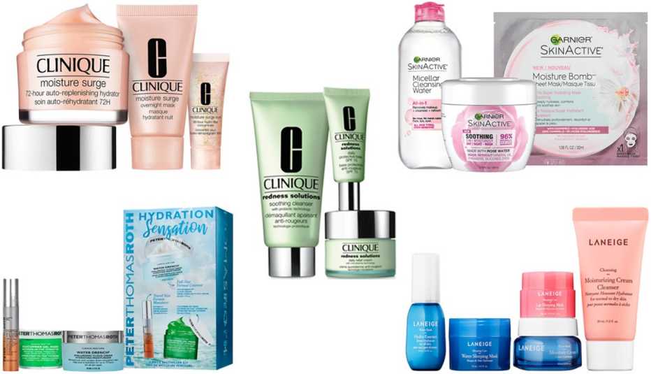 Productos especializados de Clinique para el cuidado de la piel: 72 Hour Hydration Set (arriba a la izquierda); Clinique Redness Solutions Redness Regimen (en el centro); Garnier SkinActive Sensitive Skin Kit (arriba a la derecha); Peter Thomas Roth Hydration Sensation (abajo a la izquierda); LANEIGE Hydration-To-Go! Normal to Dry Skin (abajo a la derecha)