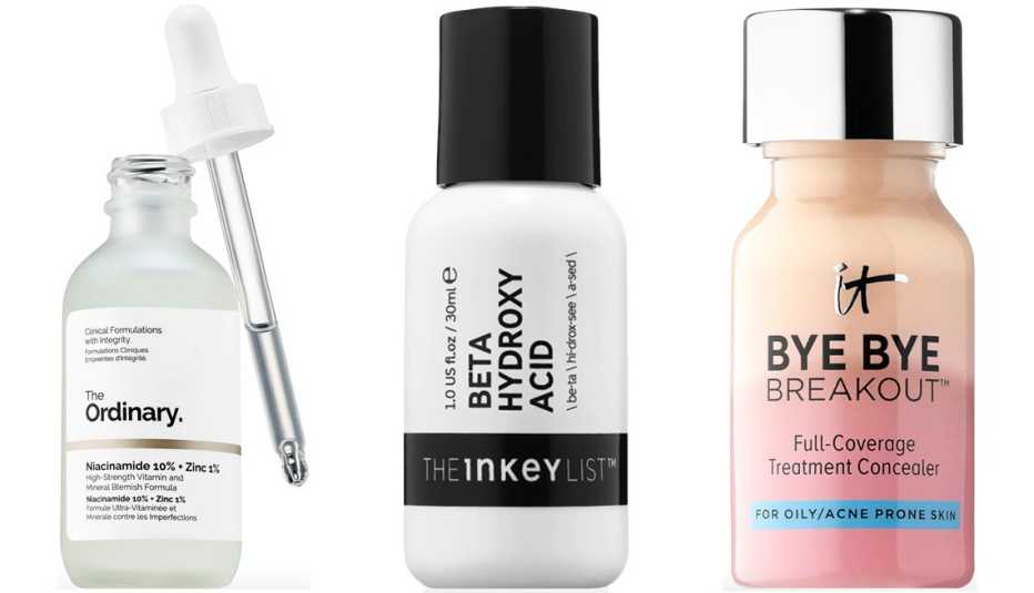 (De izquierda a derecha) The Ordinary Niacinamide 10% + Zinc 1%; The INKEY List Beta Hydroxy Acid (BHA) Blemish + Blackhead Serum; IT Cosmetics Bye Bye Breakout Full-Coverage Concealer