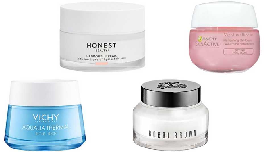 (De izquierda a derecha) Vichy Aqualia Thermal Rich Rehydrating Cream; Honest Beauty Hydrogel Cream; Bobbi Brown Hydrating Face Cream Moisturizer; Garnier SkinActive Moisture Rescue Refreshing Gel Cream For Dry Skin