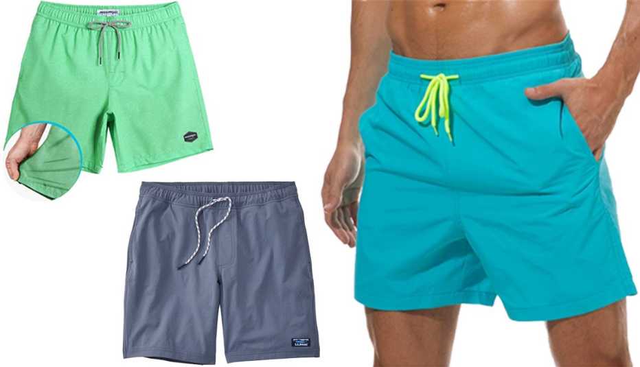 (De izquierda a derecha) Traje de baño para hombres, de secado rápido y elasticidad en 4 sentidos, de MaaMgic, de color menta; traje de baño para hombres, con tejido flexible y protección solar 50, de la colección Vacationland de L.L. Bean, de color añil clásico; traje de baño para hombres, de secado rápido, de Silkworld, en azul celeste.