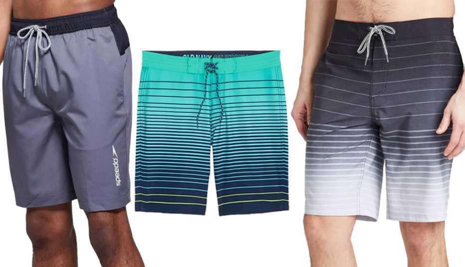 (De izquierda a derecha) Traje de baño para hombres, tipo marina volley, de Speedo, de 9 pulgadas, de color gris; traje de baño para hombres con tejido elástico, de Old Navy, de 10 pulgadas, en azul turquesa con rayas; traje de baño para hombres, tipo afterburner, de Goodfellow & Co., de 10 pulgadas, de color negro.