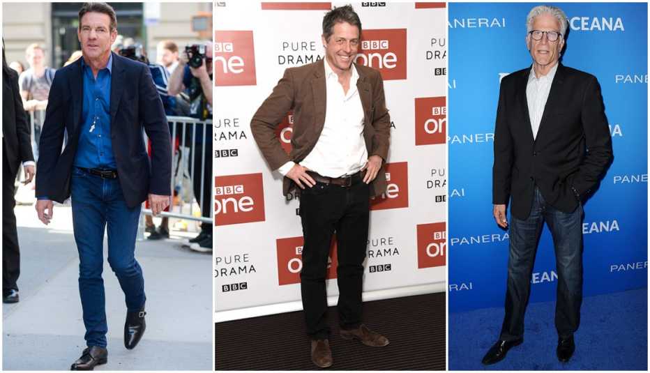 Dennis Quaid, Hugh Grant, Ted Danson con chaquetas deportivas y jenas ajustados