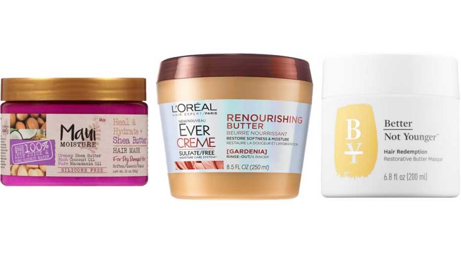 (De izquierda a derecha) Mascarilla para el cabello Maui Moisture Shea Butter Hair Mask; Crema L&rsquo;Oréal EverCreme Sulfate Free Renourishing Butter; Mascarilla Better Not Younger Hair Redemption Butter Masque