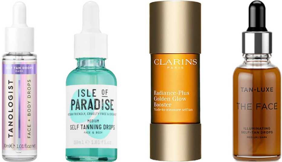 (De izquierda a derecha) Gotas bronceadoras Tanologist Drops Sunless Tanning Treatments; Isle of Paradise Self Tanning Drops; Clarins Radiance-Plus Golden Glow Booster; Tan-Luxe The Face Illuminating Self-Tan Drops