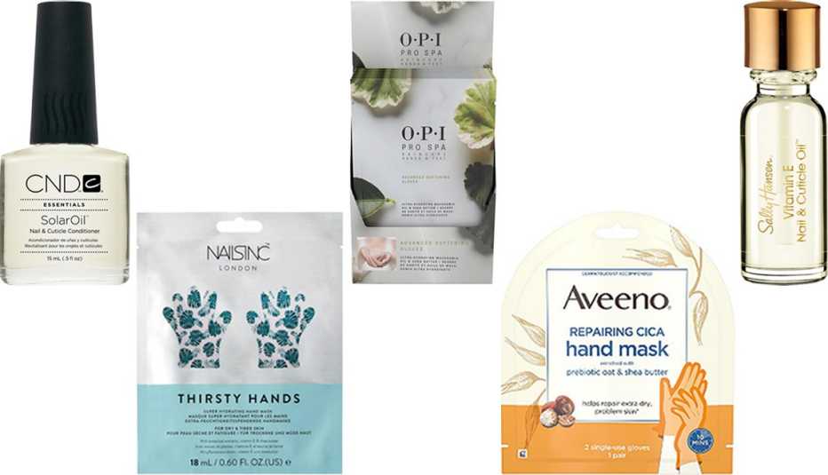 (De izquierda a derecha) Acondicionador de cutícula CND Solar Oil Nail and Cuticle Conditioner; Mascarilla para manos Nails Inc Thirsty Hands Super Hydrating Hand Mask; Guantes OPI ProSpa Advanced Softening Gloves; Mascarilla para manos Aveeno Repairing CICA Hand Mask; Aceite para uñas y cutícula Sally Hansen Vitamin E Nail & Cuticle Oil