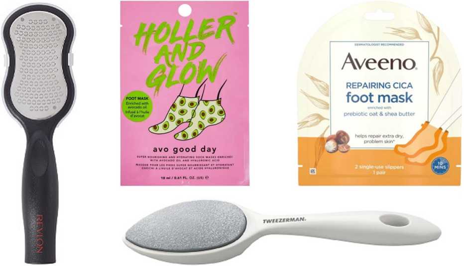 (En el sentido del reloj desde la izquierda) Removedor de callos Revlon Callus Remover with Catcher; Mascarilla para pies Holler and Glow Avo Good Day Nourishing and Hydrating Foot Mask; Mascarilla para pies Aveeno Repairing CICA Moisturizing Foot Mask with Oat; Piedra pómez Tweezerman Sole Smoother Antibacterial Stone