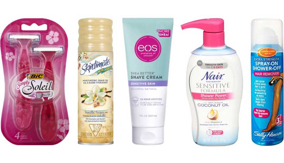 (De izquierda a derecha) Máquina de afeitar BIC Simply Soleil for Women Disposable Shaver; Gel para afeitarse Skintimate Vanilla Sugar Women's Shave Gel; Crema para afeitarse eos Shea Better Shave Cream Sensitive Skin; Removedor de vello Nair Shower Power Sensitive Formula Hair Remover with Coconut Oil and Vitamin E; Removedor de vello Sally Hansen Spray-On Shower-Off Hair Remover