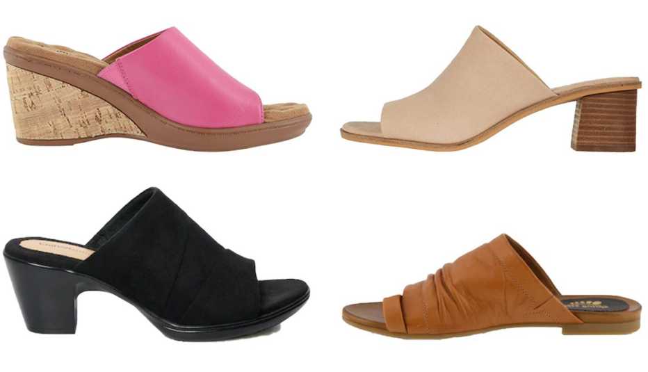 (De arriba, a la izq., en sentido de las agujas del reloj) Sandalias tipo cuña Walking Cradles Lynn en color fucsia marroquí; sandalias Lucky Brand Lutena en color crema; sandalias de meter estilo Ishtar de Spring Step en color marrón; sandalias de meter para mujer Croft & Barrow Instrument en color negro