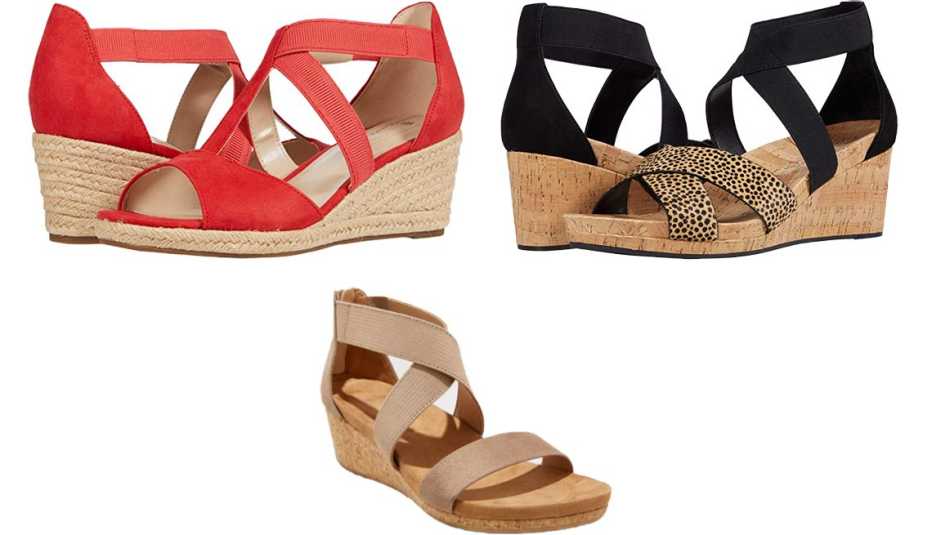 (De arriba, a la izq., en sentido de las agujas del reloj) Cuñas Bandolino Novena 2 en color chile; cuñas Sole Society Kimlee en color negro/marrón claro; cuñas de corcho con microgamuza Universal Thread Women's Brita en color topo