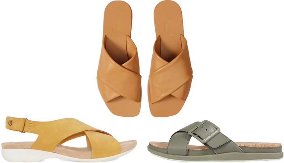 (De la izquierda, en sentido de las agujas del reloj) Sandalias planas con correa ajustable St. John’s Bay Women’s Zuma en color amarillo; sandalias Everlane the Day Crossover Sandal en color caramelo; sandalias Clarks Step June Shell en color verde oliva opaco