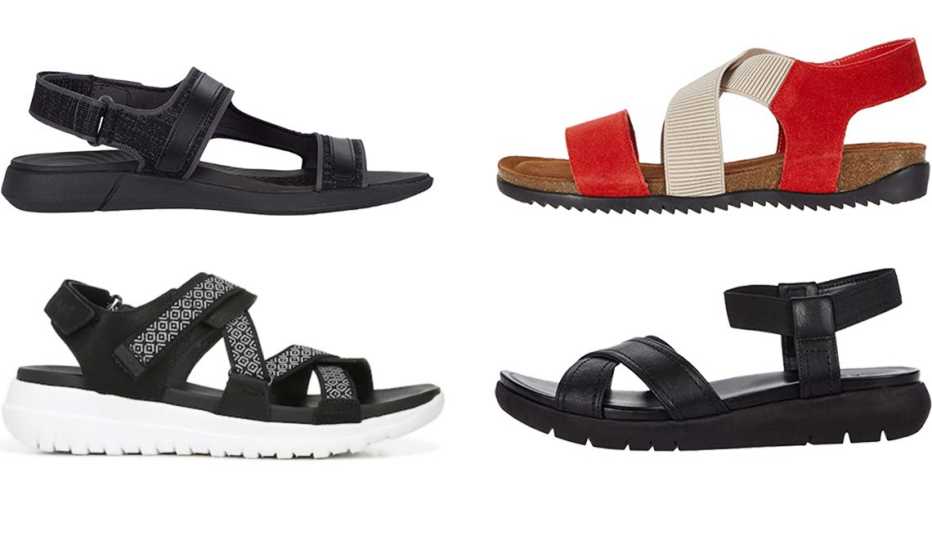 (De arriba, a la izq., en sentido de las agujas del reloj) Sandalias tejidas tipo rafter Hush Puppies Willa Rafter en color negro; sandalias David Tate Clear en color rojo; sandalias de cuero Lily Naturalizer en color negro; sandalias para mujer Ryka Isora en color negro