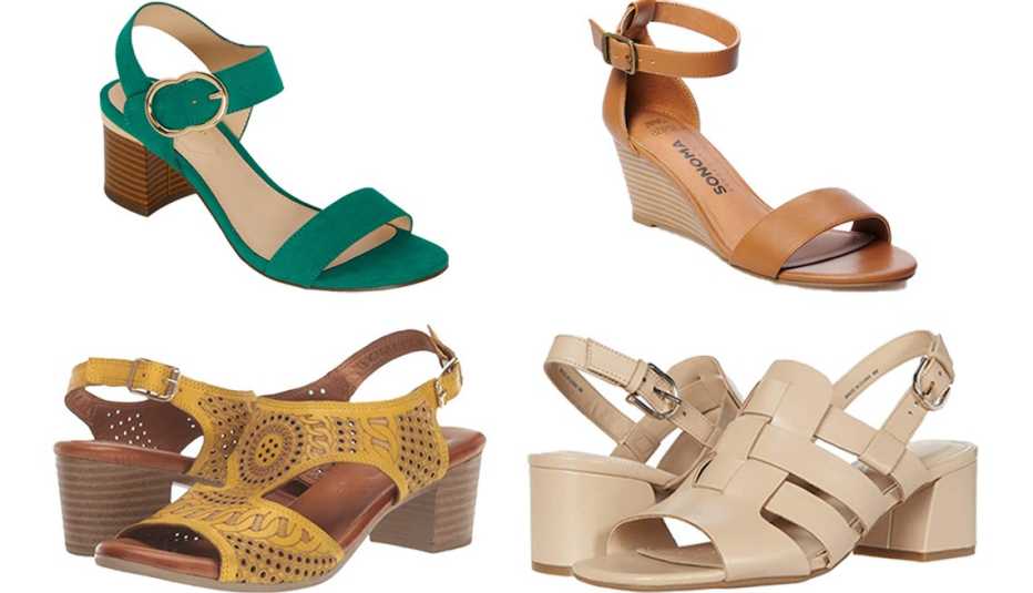 (De arriba, a la izq. en el sentido de las agujas del reloj) Sandalias de tacón Liz Claiborne Women's en color verde; sandalias de cuña para mujer Sonoma Goods for Life Malinois en color coñac; sandalias Easy Spirit Evolve Mona en color natural; sandalias Spring Step Chains en color amarillo