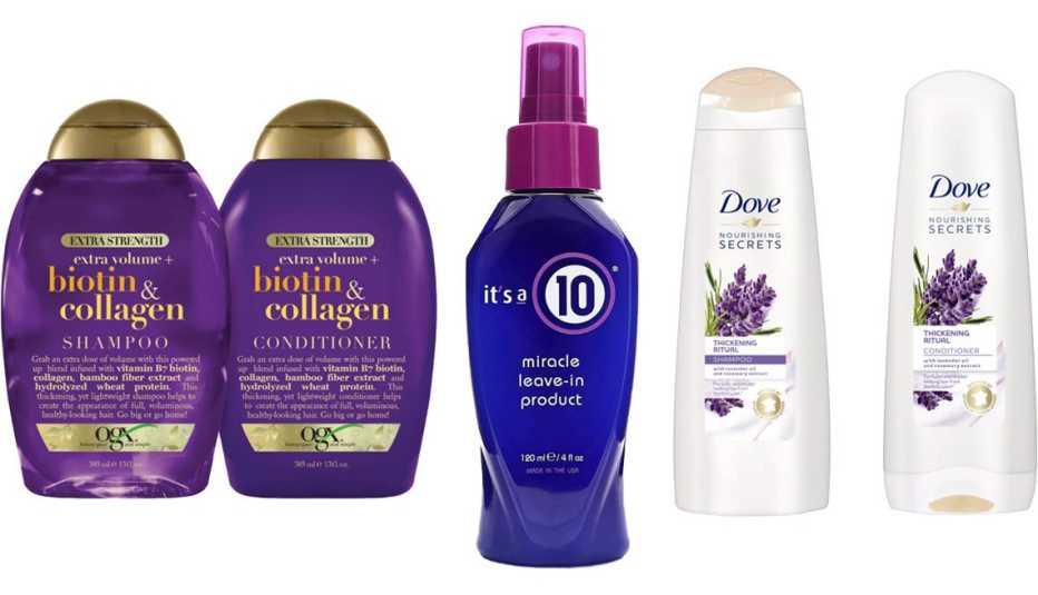 (De izquierda a derecha) champú y acondicionador OGX Biotin & Collagen Extra Strength; It’s a 10 Hair Care Miracle Leave-in Product; champú y acondicionador Dove Nourishing Secrets Thickening Ritual.