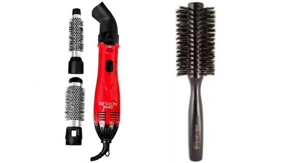 Secador Ionic Technology Perfect Heat & Style Hair Dryer de Revlon (izquierda) y cepillo Heritage Collection Small Round Boar Hairbrush de Goody.