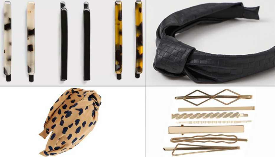 (Desde arriba a la izquierda, en el sentido de las agujas del reloj) juego de pasadores en carey de A New Day; diadema con detalle de nudo de H&M en cuero sintético negro; pasadores de varias formas de Riviera en dorado; diadema forrada con nudo de Madewe