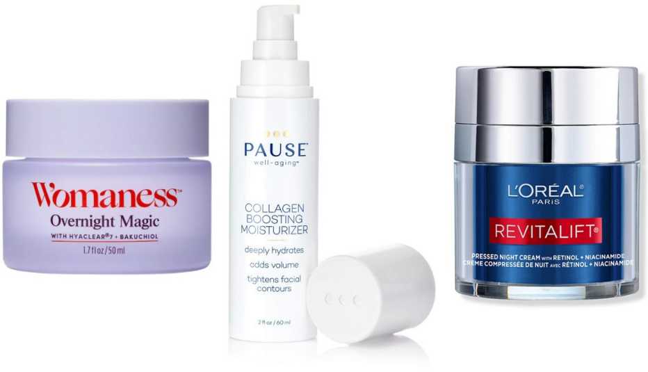 (De izquierda a derecha) Womaness Overnight Magic Facial Treatment with Bakuchiol; Pause Well-Aging Collagen Boost Moisturizer; L'Oréal Paris Revitalift Pressed Night Cream with Retinol. (De izquierda a derecha) Womaness Overnight Magic Facial Treatment with Bakuchiol; Pause Well-Aging Collagen Boost Moisturizer; L'Oréal Paris Revitalift Pressed Night Cream with Retinol.