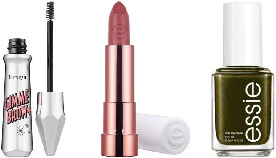 (De izquierda a derecha) Benefit Gimme Brow+ Tinted Volumizing Eyebrow Gel; Essence This is Nude Lipstick in Real; Essie Limited Edition Fall 2021 Nail Polish Collection in High Voltage Vinyl. (De izquierda a derecha) Womaness Overnight Magic Facial Treatment with Bakuchiol; Pause Well-Aging Collagen Boost Moisturizer; L'Oréal Paris Revitalift Pressed Night Cream with Retinol.