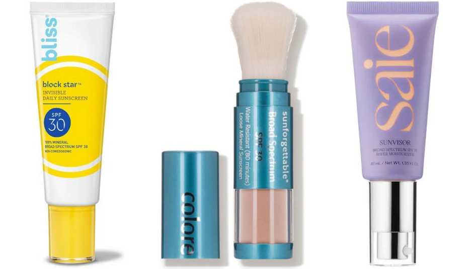  (De izquierda a derecha) Bliss Block Star Invisible Daily Sunscreen SPF 30; Colorescience Sunforgettable Brush-On Sunscreen SPF 30; Saie Sunvisor Moisturizing Sunscreen SPF 35.