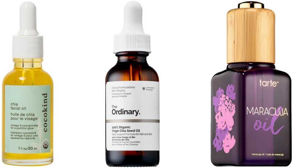 (De izquierda a derecha) Cocokind Chia Facial Oil; The Ordinary 100% Organic Virgin Chia Seed Oil; Tarte Maracuja Oil.