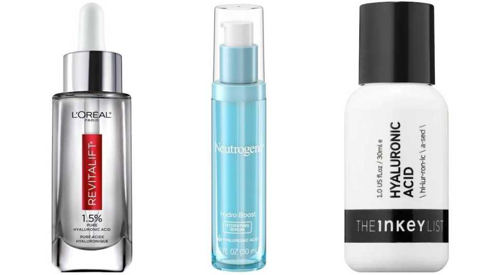 (De izquierda a derecha) L’Oréal Paris Revitalift Derm Intensives 1.5% Pure Hyaluronic Acid Serum; Neutrogena Hydro Boost Hydrating Hyaluronic Acid Serum; The Inkey List Hyaluronic Acid Hydrating Serum.