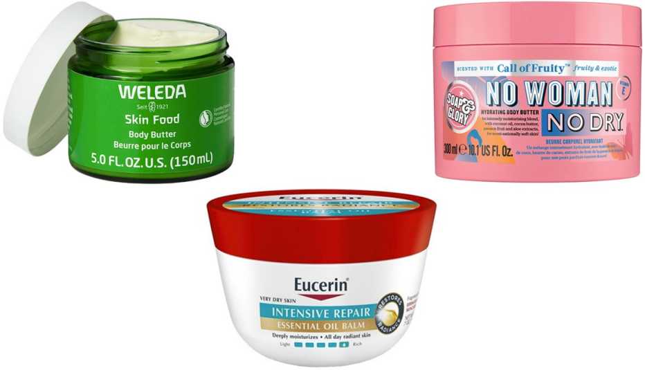  (En el sentido de las agujas del reloj, desde arriba a la izquierda) Weleda Skin Food Body Butter; Soap & Glory Call of Fruity No Woman No Dry Hydrating Body Butter; Eucerin Radiance Restore Oil Balm.