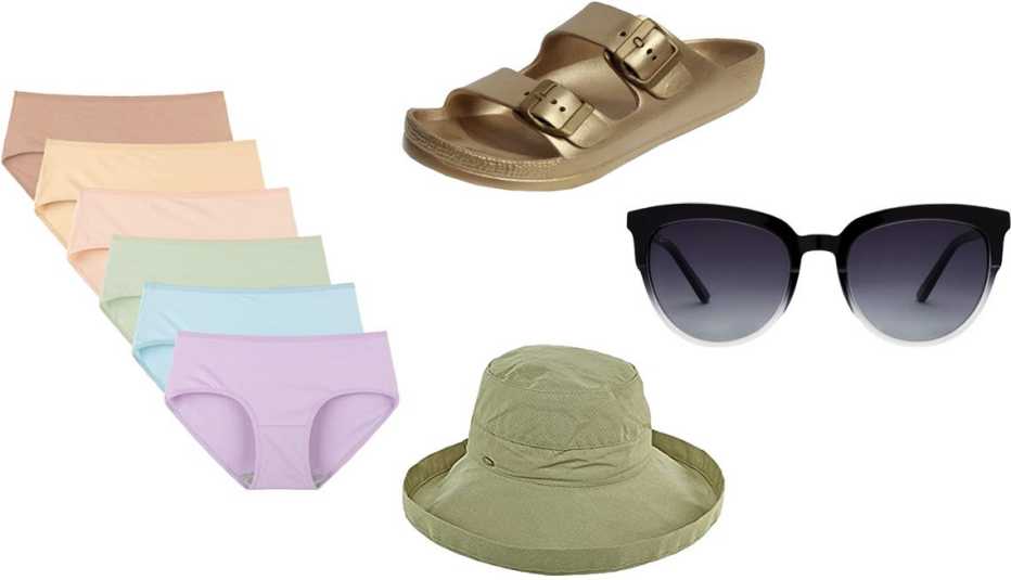 (Desde la izquierda, en el sentido de las agujas del reloj) Paquete de 6 calzones de algodón INNERSY Women's Underwear Cotton Hipster Panties, Regular & Plus Size 6-Pack en colores básicos vivos; sandalias SNJ Women’s Lightweight EVA Comfort Sandals en color dorado; anteojos de sol Privé Revaux The Influencer; sombrero de algodón Scala Women’s Cotton Sunhat with UPF50+ en color verde gabardina..