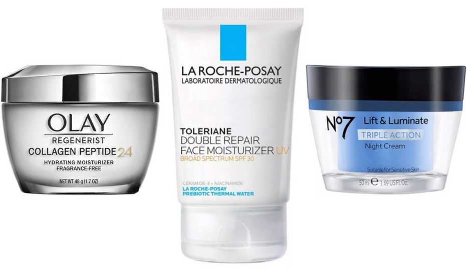 (De izquierda a derecha) crema hidratante Regenerist Collagen Peptide 24 Hydrating Moisturizer de Olay; crema hidratante reparadora Toleriane Double Repair Face Moisturizer SPF 30 de La Roche-Posay; y crema de triple acción Lift & Luminate Triple Action Night Cream de No7.