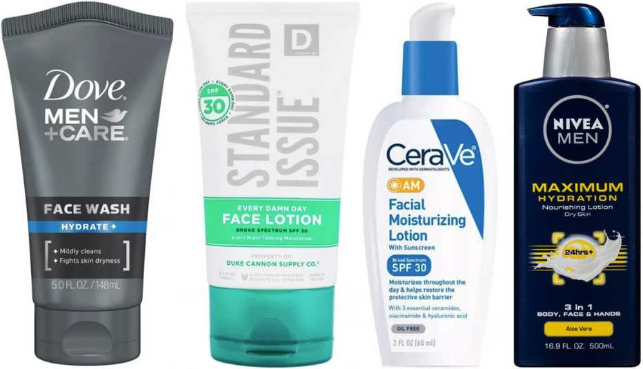 (De izquierda a derecha) Dove Men+Care Hydrate Face Wash; Duke Cannon Standard Issue Broad Spectrum Face Lotion SPF 30; CeraVe AM Facial Moisturizing Lotion SPF 30; Nivea Men Maximum Hydration 3 in 1 Nourishing Body Lotion.