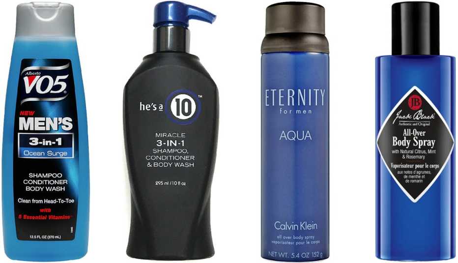 (De izquierda a derecha) Alberto VO5 Men's 3-In-1 Shampoo, Conditioner & Body Wash in Ocean Surge; He's a 10 Miracle 3-In-1 Shampoo, Conditioner & Body Wash; Calvin Klein Eternity for Men Aqua Body Spray; Jack Black All-Over Body Spray.