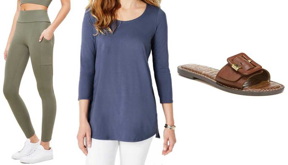 (De izquierda a derecha) Lite Ponte Pocket Leggings de Lou &amp; Grey en color hierba desierto; Luxe Supima A-Line Tunic de J.Jill en color eclipse; Granada Slide Sandal de Sam Edelman de cuero en color bourbon oscuro.
