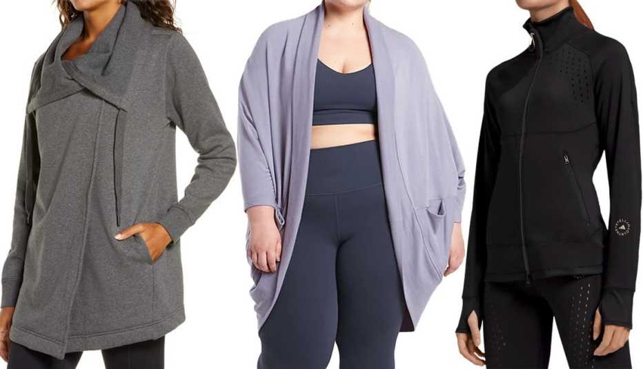 (De izquierda a derecha) Amazing Cozy Wrap Jacket de Zella; Ethereal Cocoon Wrap de Athleta en color violeta tempestad; TruePurpose Jacket de Adidas by Stella McCartney.