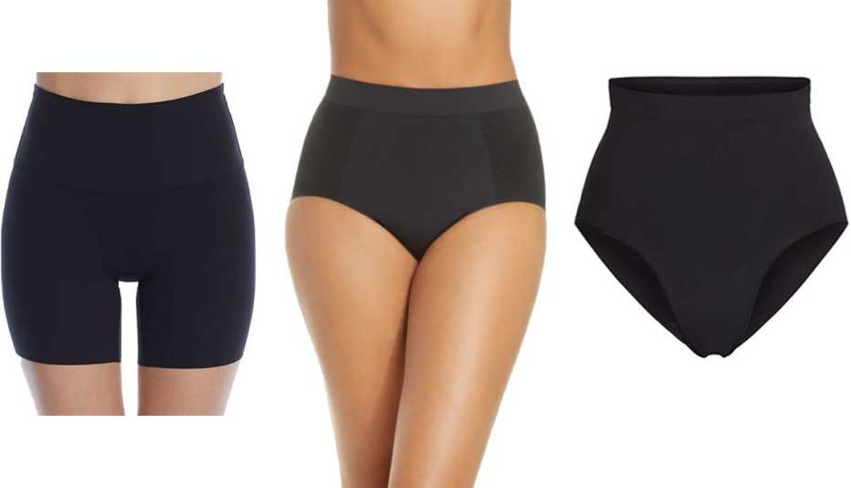 (De izq. a der.) Moldeadores Reveal Flexible Fit Shaping Boyshort en color negro Midnight; Wacoal Keep Your Cool Shaping Briefs en color Tap Shoe; Skims Sculpting Mid Waist Brief en color ónix.