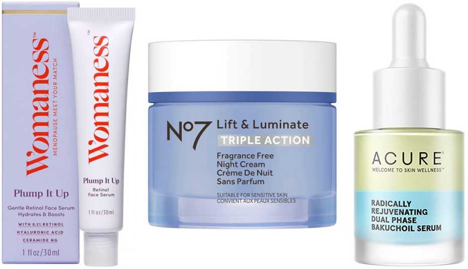 (De izquierda a derecha) Suero facial con retinol Womaness Plump It Up Gentle Retinol Face Serum; crema de noche sin fragancia No7 Lift & Luminate Triple Action Fragrance Free Night Cream; suero con bakuchiol Acure Radically Rejuvenating Dual Phase Bakuchiol Serum.
