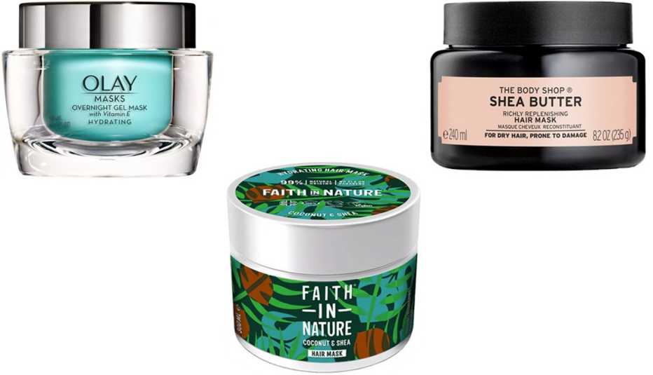 (Desde arriba a la izquierda, en el sentido de las agujas del reloj) Mascarillas Masks Hydrating Overnight Gel Mask con vitamina E de Olay; Shea Butter Richly Replenishing Hair Mask de The Body Shop; Coconut & Shea Butter Hydrating Mask de Faith in Nature