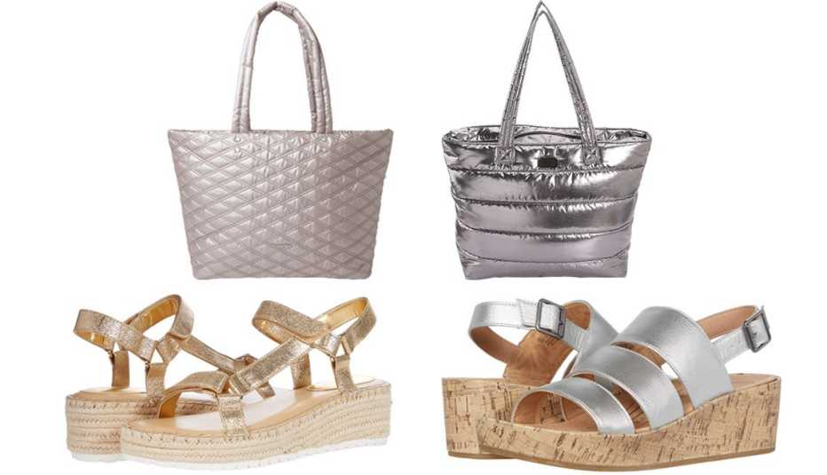 (En el sentido de las agujas del reloj desde la parte superior izquierda) Baggallini Quilted Tote en Rose Metallic; Tote Ugg Krystal en plateado metalizado; LifeStride Winona en plateado; Nine West Glampin en dorado.