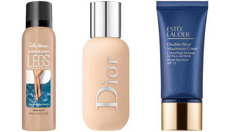 (Izquierda a derecha) Maquillaje para piernas en aerosol Sally Hansen Airbrush Legs Spray; maquillaje para rostro y cuerpo Dior Backstage Face & Body Makeup; crema base para rostro y cuerpo Estee Lauder Double Wear Maximum Cover Camouflage Foundation for Face and Body.