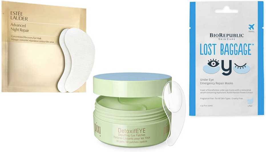 (De izquierda a derecha) Estée Lauder Advanced Night Repair Concentrated Recovery Eye Mask; Pixi DetoxifEYE Depuffing Eye Patches; BioRepublic Lost Baggage Under Eye Emergency Repair Masks.