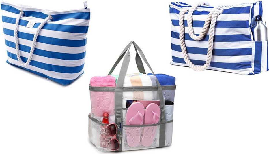 (En el sentido de las agujas del reloj, desde la parte superior izquierda) Bolsa grande de lona a rayas para playa de Bag & Carry, en azul (Striped Blue); Bolsa de playa XL con cremallera de Shylero, en azul marino (Cuttlefish); Bolsa de playa de malla ex