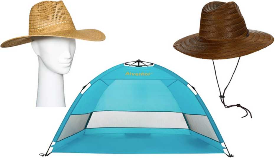  (En el sentido de las agujas del reloj, desde la parte superior izquierda) Sombrero de paja para mujer Wide Brim Open Weave Straw Panama Hat de Universal Thread; sombrero Brixton Bell Sun Hat; tienda de campaña desplegable Automatic Pop-Up Hub Style Beac