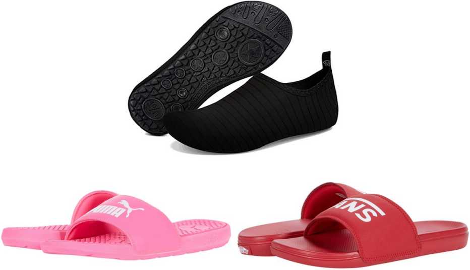 (En el sentido de las agujas del reloj, desde la parte inferior izquierda) Puma Cool Cat en el color Knockout Pink; Ning Meng Quick-Dry Aqua Socks en negro; Vans La Costa Slide-On en rojo.