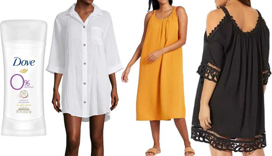 (De izquierda a derecha) Desodorante Dove Aluminio 0% de coco y jazmín rosa; vestido de playa Women’s Dress Swimsuit Cover-up de a.n.a en blanco; vestido de playa Women’s Midi Cover Up Dress de Kona Sol en amarillo; vestido Crochet Cold Shoulder Cover Up 