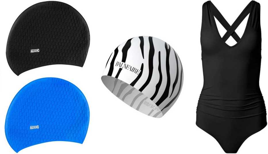 (De izquierda a derecha) Gorros de natación unisex de Aegend, pack de 2; gorro de natación de silicona para cabello largo de Balneaire en estampado de cebra; traje de baño talla grande Plus-Size Slimming V-Neck One Piece de Venus en color Black Beauty.