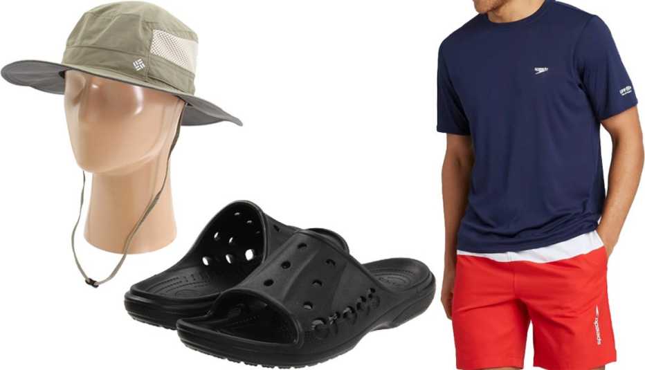 Sombrero Bora Bora Booney II de Columbia (arriba a la izquierda); Crocs para hombre Baya Slide In en negro (abajo, en el medio); camiseta Men's Rash Guard de Speedo en azul marino (derecha).