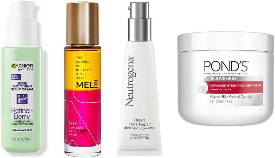 (De izquierda a derecha) Crema de noche Garnier Green Labs Retinol-Berry Super Smoothing Night Serum Cream; suero Mele Even Dark Spot Control Facial Serum for Melanin Rich Skin; crema correctora Neutrogena Rapid Tone Retinol + Vitamin C Dark Spot Corrector; crema de noche Pond’s Rejuveness Advanced Hydrating Night Cream. (De izquierda a derecha) Crema de noche Garnier Green Labs Retinol-Berry Super Smoothing Night Serum Cream; suero Mele Even Dark Spot Control Facial Serum for Melanin Rich Skin; crema correctora Neutrogena Rapid Tone Retinol + Vitamin C Dark Spot Corrector; crema de noche Pond’s Rejuveness Advanced Hydrating Night Cream.