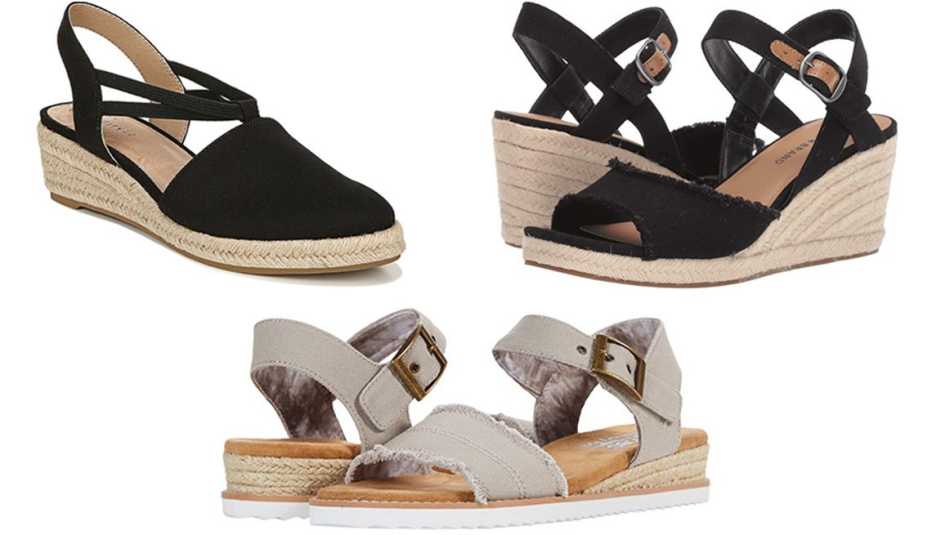 (Desde arriba a la izquierda, en el sentido de las agujas del reloj) alpargatas de cuña Katrina de LifeStride en negro; Mindra de Lucky Brand en negro; Bobs Desert Kiss de Sketchers en marrón topo. (Desde arriba a la izquierda, en el sentido de las agujas del reloj) alpargatas de cuña Katrina de LifeStride en negro; Mindra de Lucky Brand en negro; Bobs Desert Kiss de Sketchers en marrón topo.