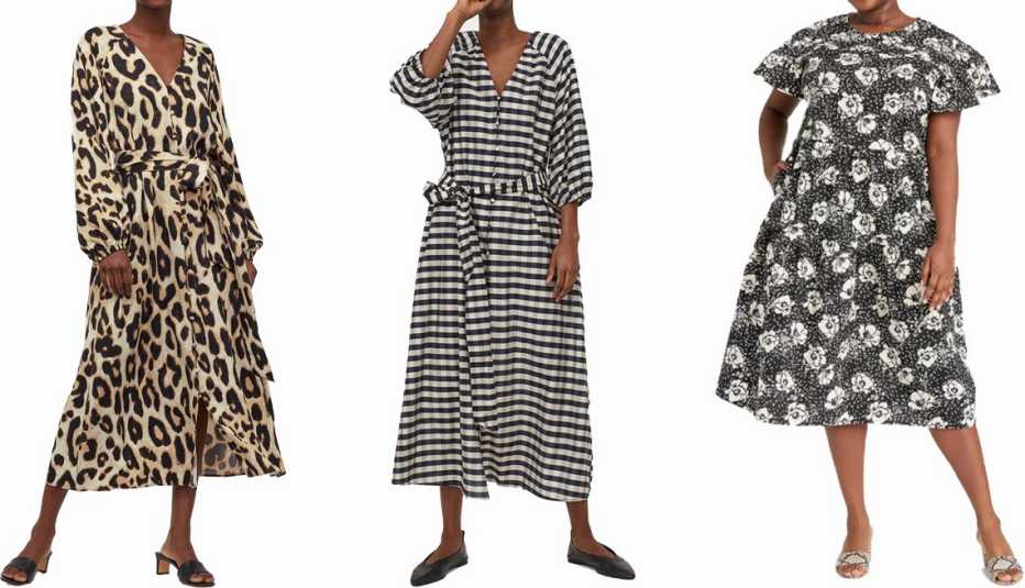 (De izquierda a derecha) Vestido con cinturón de lazo de H&M en beige claro/estampado de leopardo; vestido de mezcla de Lyocell de H&M en azul oscuro/beige a cuadros; vestido con corte en línea A de manga corta con volantes para mujer de Who What Wear en (De izquierda a derecha) Vestido con cinturón de lazo de H&M en beige claro/estampado de leopardo; vestido de mezcla de Lyocell de H&M en azul oscuro/beige a cuadros; vestido con corte en línea A de manga corta con volantes para mujer de Who What Wear en