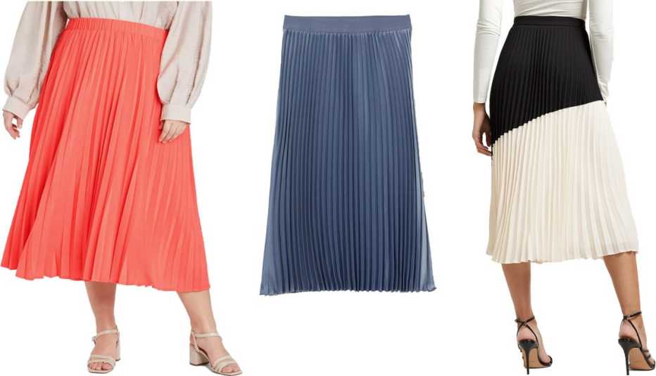 (De izquierda a derecha) Falda plisada a media pierna en línea A para mujer de New Day en coral; falda plisada de H&M en azul grisáceo; falda plisada a media pierna de cintura alta con bloques de color de Express en blanco y negro.