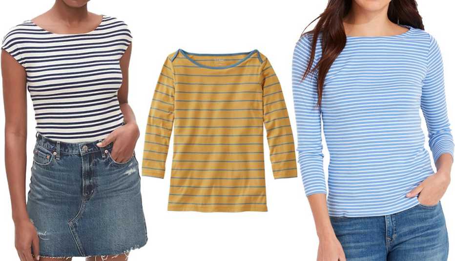 (De izquierda a derecha) Camiseta moderna a rayas con cuello tipo bote de Gap con rayas en azul marino y blanco; camiseta suave elástica a rayas de algodón Supima con mangas tres cuartos y cuello tipo bote de L.L. Bean en dorado cálido/azul de la bahía; c